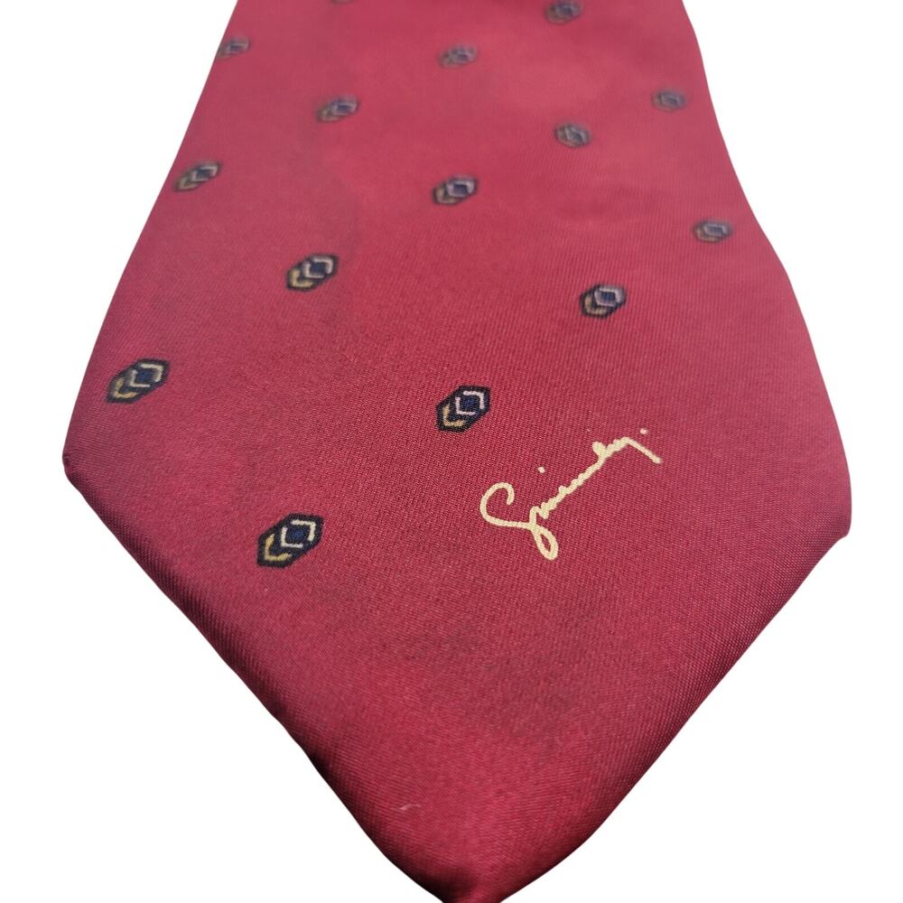 SAKS FIFTH AVE Red Silk Tie Italy GIVENCHY Signature Logo Medallion Vintage 3.5"